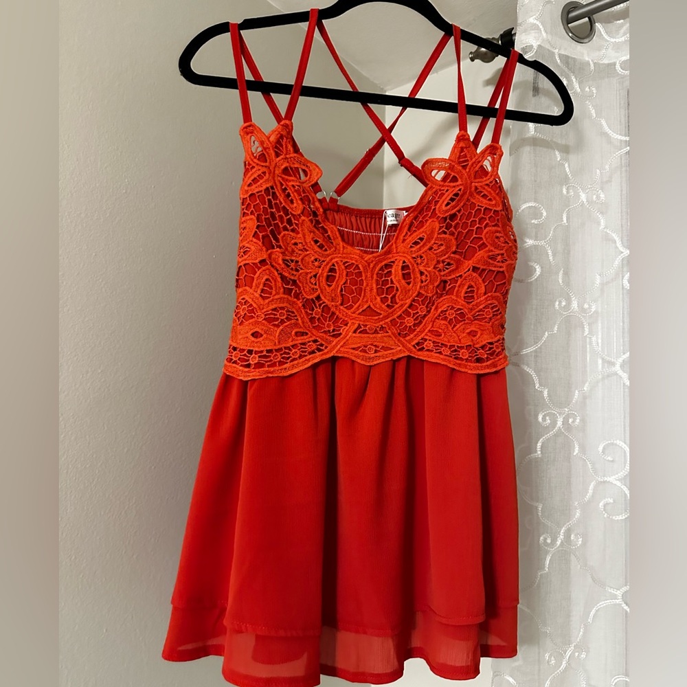 Coral Chiffon Lace Strappy Blouse